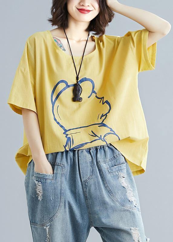 French Yellow Cotton Clothes Cartoon Print Tunic Summer Shirts
