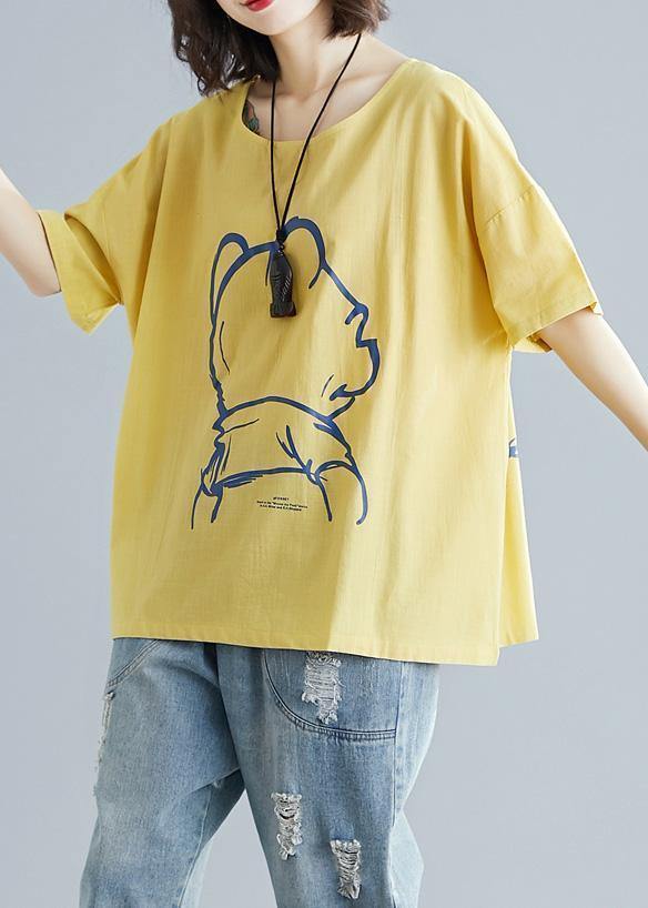French Yellow Cotton Clothes Cartoon Print Tunic Summer Shirts