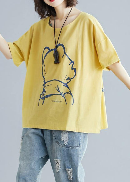 French Yellow Cotton Clothes Cartoon Print Tunic Summer Shirts