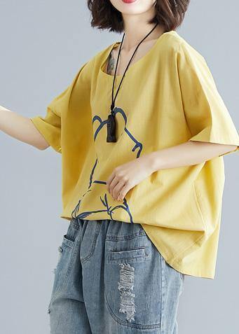 French Yellow Cotton Clothes Cartoon Print Tunic Summer Shirts