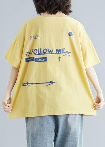 French Yellow Cotton Clothes Cartoon Print Tunic Summer Shirts
