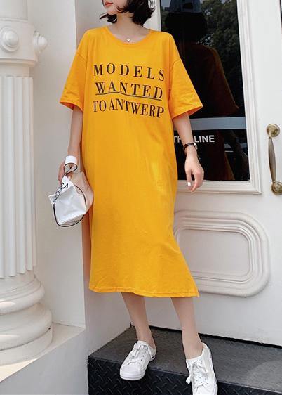 French Yellow Cotton Tunic Dress Side Open Robe Summer Dresses