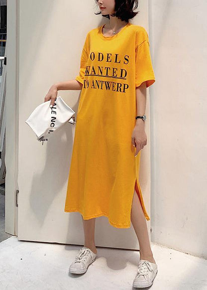 French Yellow Cotton Tunic Dress Side Open Robe Summer Dresses