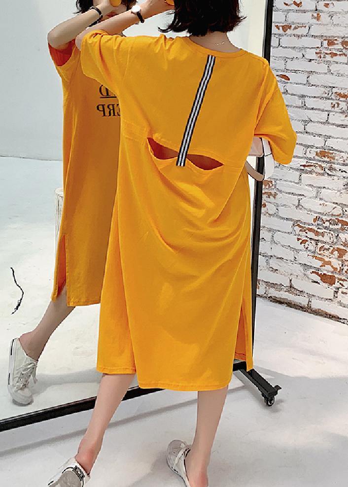 French Yellow Cotton Tunic Dress Side Open Robe Summer Dresses