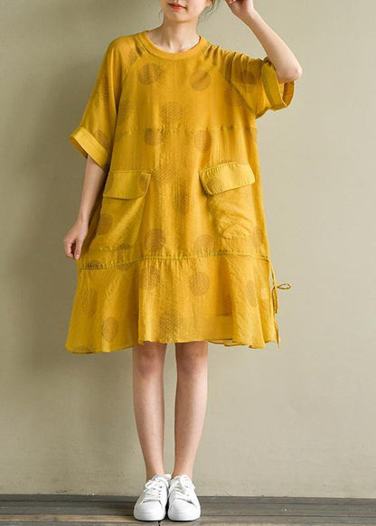 French Yellow Dotted Linen Chiffon Blended Dresses O Neck Drawstring Baggy Summer Dress