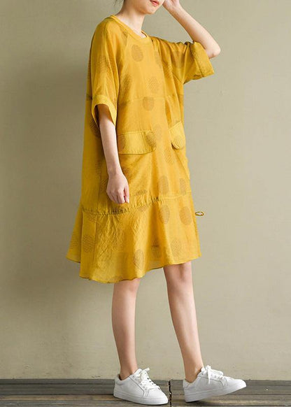 French Yellow Dotted Linen Chiffon Blended Dresses O Neck Drawstring Baggy Summer Dress