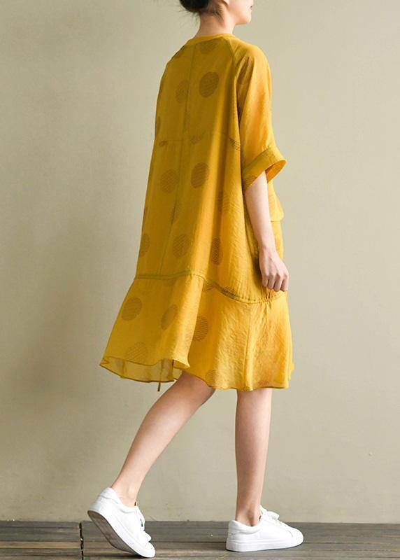 French Yellow Dotted Linen Chiffon Blended Dresses O Neck Drawstring Baggy Summer Dress