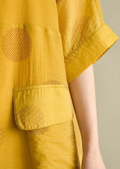 French Yellow Dotted Linen Chiffon Blended Dresses O Neck Drawstring Baggy Summer Dress