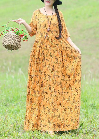 French Yellow Linen Dress Shirts O Neck Half Sleeve Clothing Summer Dress