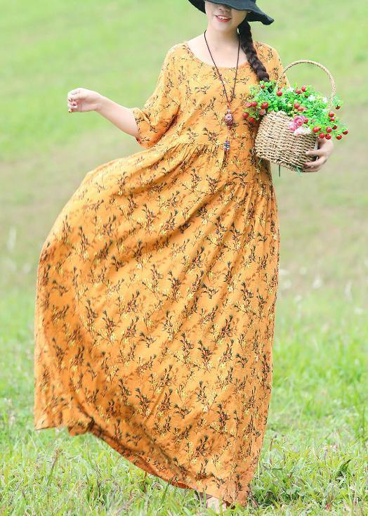 French Yellow Linen Dress Shirts O Neck Half Sleeve Clothing Summer Dress
