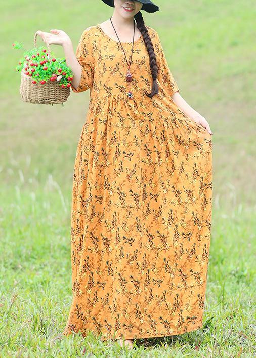French Yellow Linen Dress Shirts O Neck Half Sleeve Clothing Summer Dress