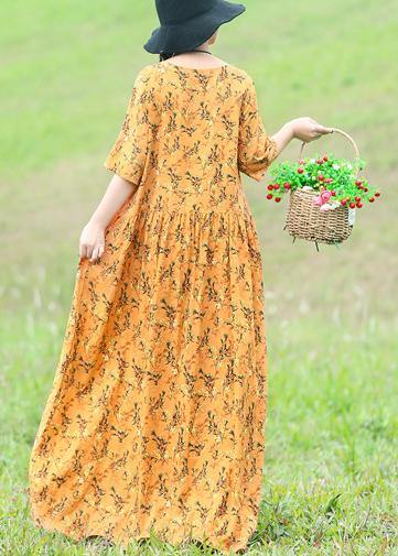 French Yellow Linen Dress Shirts O Neck Half Sleeve Clothing Summer Dress