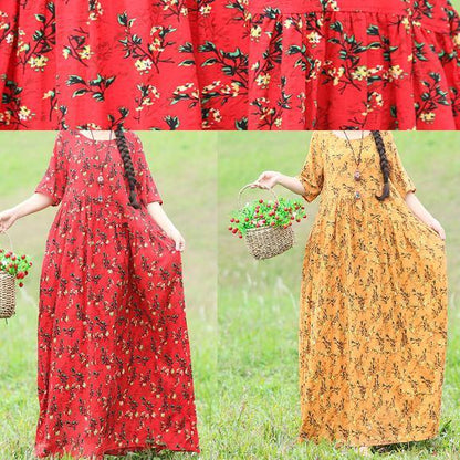 French Yellow Linen Dress Shirts O Neck Half Sleeve Clothing Summer Dress