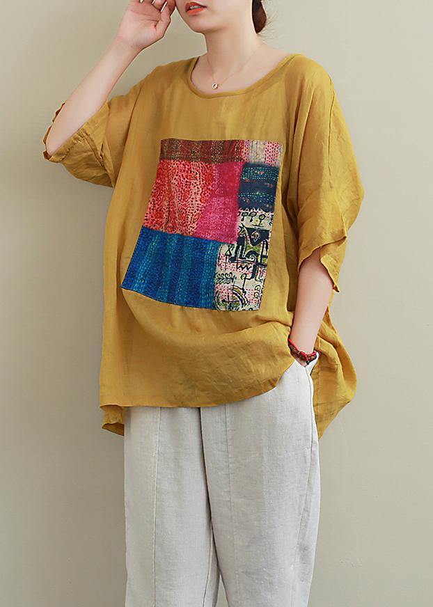 French Yellow Linen Blouse O Neck Patchwork Summer Top