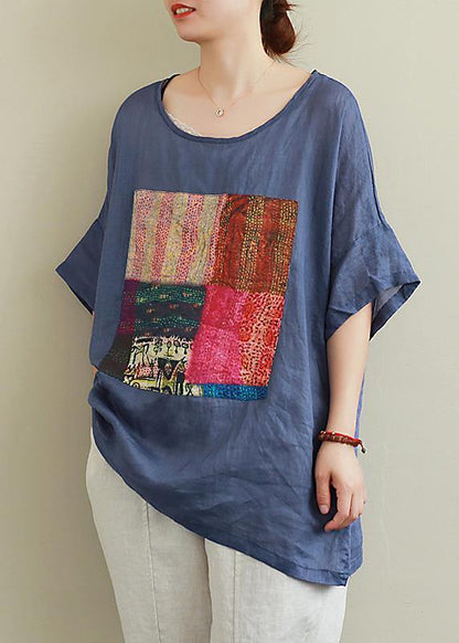 French Yellow Linen Blouse O Neck Patchwork Summer Top