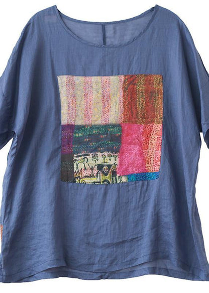 French Yellow Linen Blouse O Neck Patchwork Summer Top