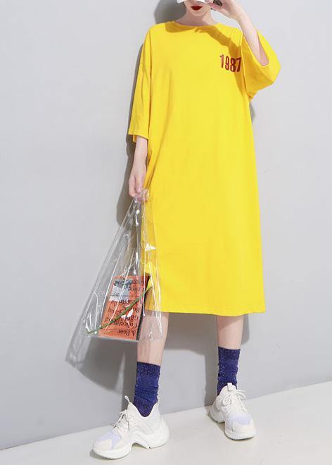 French Yellow Linen Long Shirts O Neck Cotton Robes Summer Dress