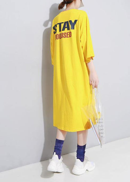 French Yellow Linen Long Shirts O Neck Cotton Robes Summer Dress