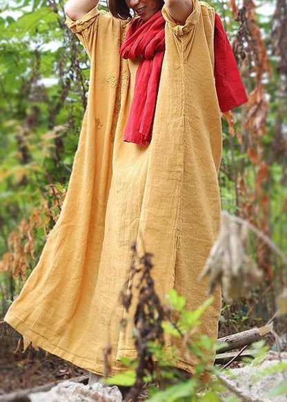 French Yellow Linen Dresses Side Open Linen Robes V Neck Dress