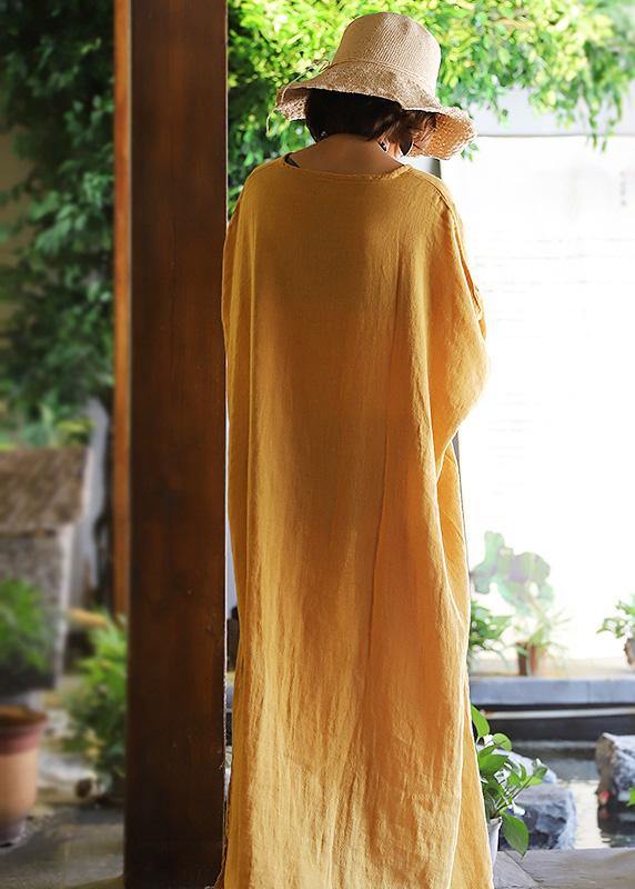 French Yellow Linen Dresses Side Open Linen Robes V Neck Dress