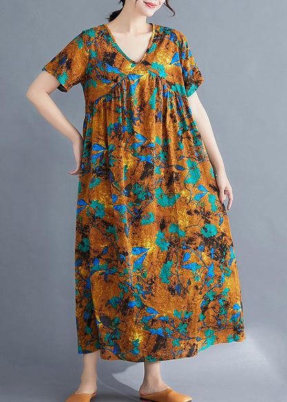 French Yellow Print Cotton Linen Clothes V Neck Cinched Loose Summer Dress