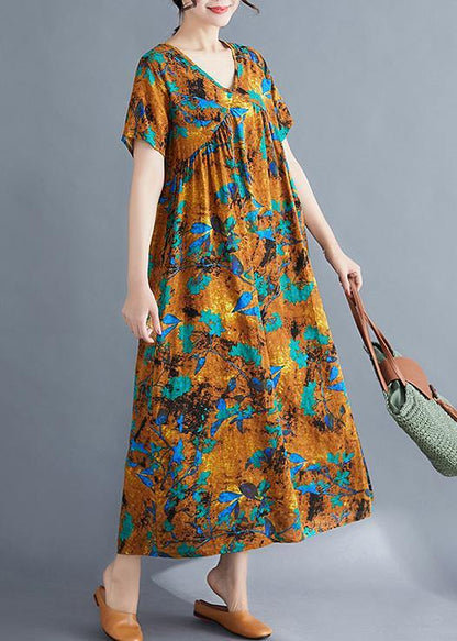 French Yellow Print Cotton Linen Clothes V Neck Cinched Loose Summer Dress
