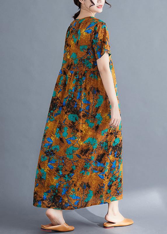 French Yellow Print Cotton Linen Clothes V Neck Cinched Loose Summer Dress