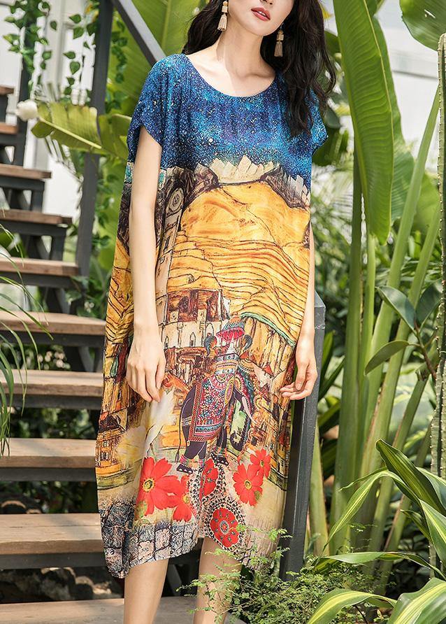 French Yellow Print Silk Dresses O Neck Pockets Loose Summer Dress