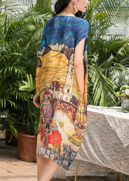 French Yellow Print Silk Dresses O Neck Pockets Loose Summer Dress