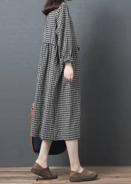 French Black Plaid Clothes Lapel Patchwork Traveling Dresses