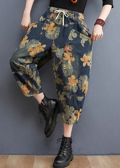 French Navy Elastic Waist Drawstring Pockets Print Denim Pants Spring