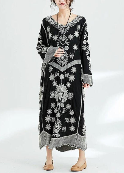 French Black Print V Neck Baggy Chiffon Robes Spring Dresses