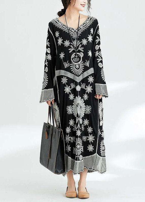French Black Print V Neck Baggy Chiffon Robes Spring Dresses