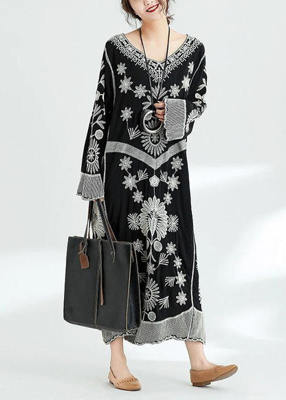 French Black Print V Neck Baggy Chiffon Robes Spring Dresses