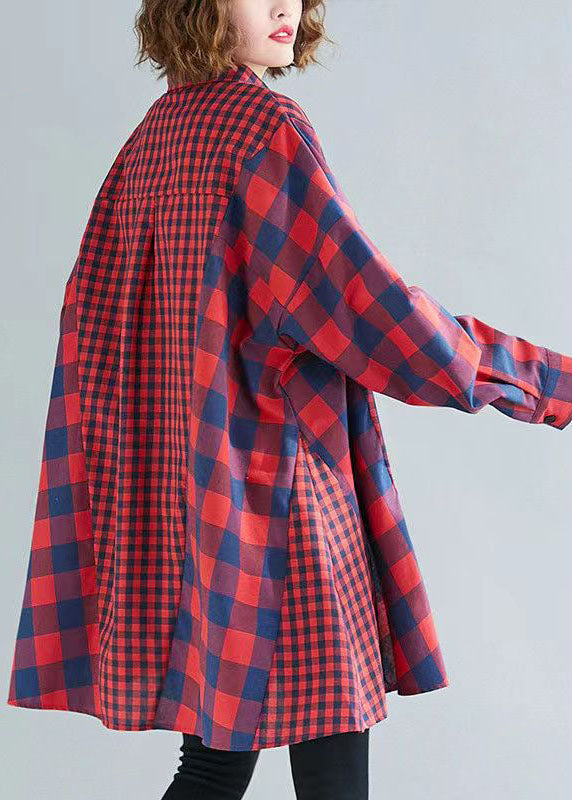 French Red Plaid Clothes Lapel Patchwork Baggy Tops