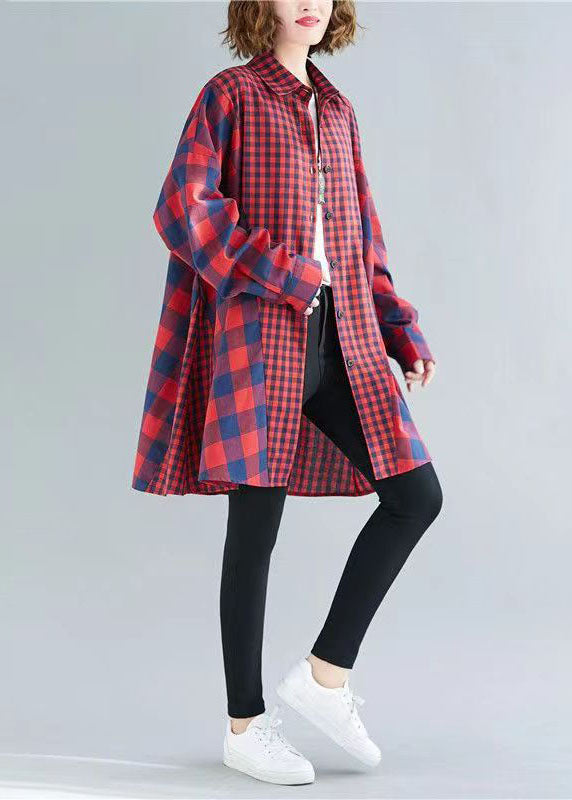 French Red Plaid Clothes Lapel Patchwork Baggy Tops
