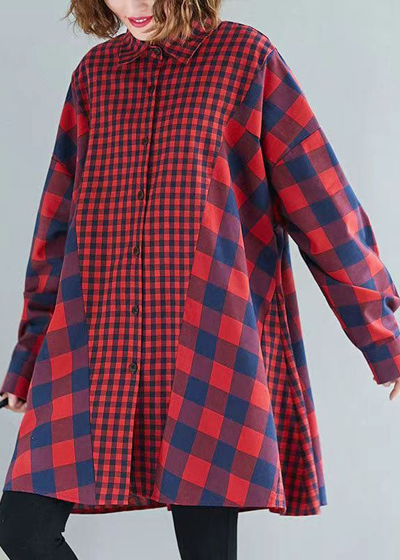 French Red Plaid Clothes Lapel Patchwork Baggy Tops