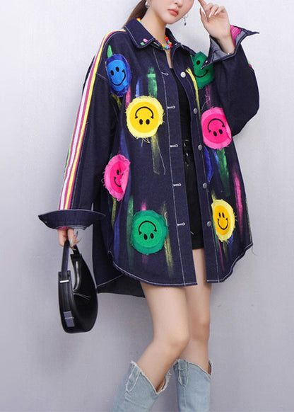 Fun Filled Blue Smiley Striped Denim Coats Fall
