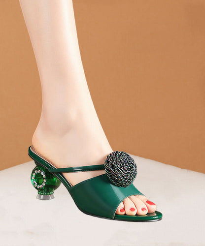Genuine Leather Sandals Green Splicing Peep Toe Zircon