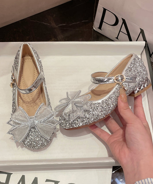 Girl Princess Shoes Silver Bow Zircon Buckle Strap