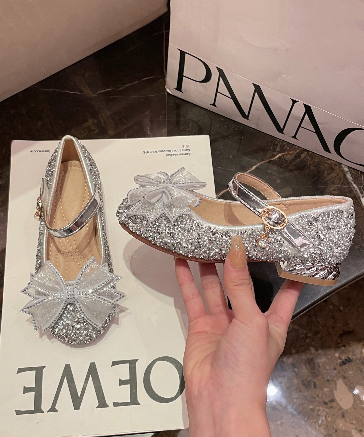 Girl Princess Shoes Silver Bow Zircon Buckle Strap