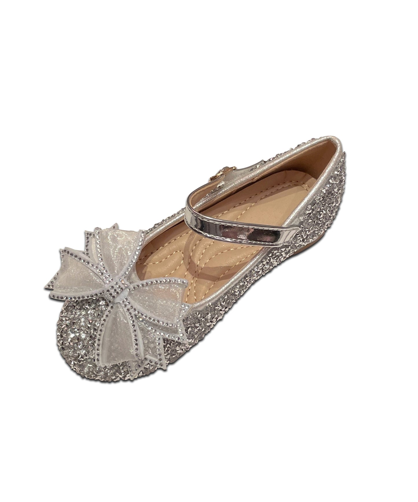 Girl Princess Shoes Silver Bow Zircon Buckle Strap