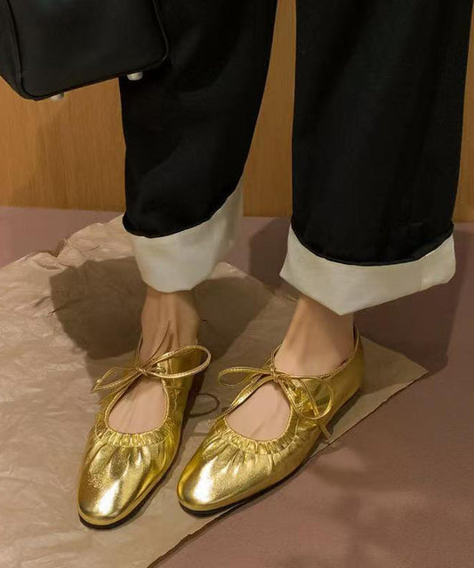 Gold Lace Up Faux Leather Splicing Flat Shoes