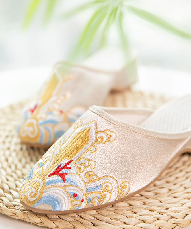 Gold Satin Slide Sandals Splicing Pointed Toe Embroideried