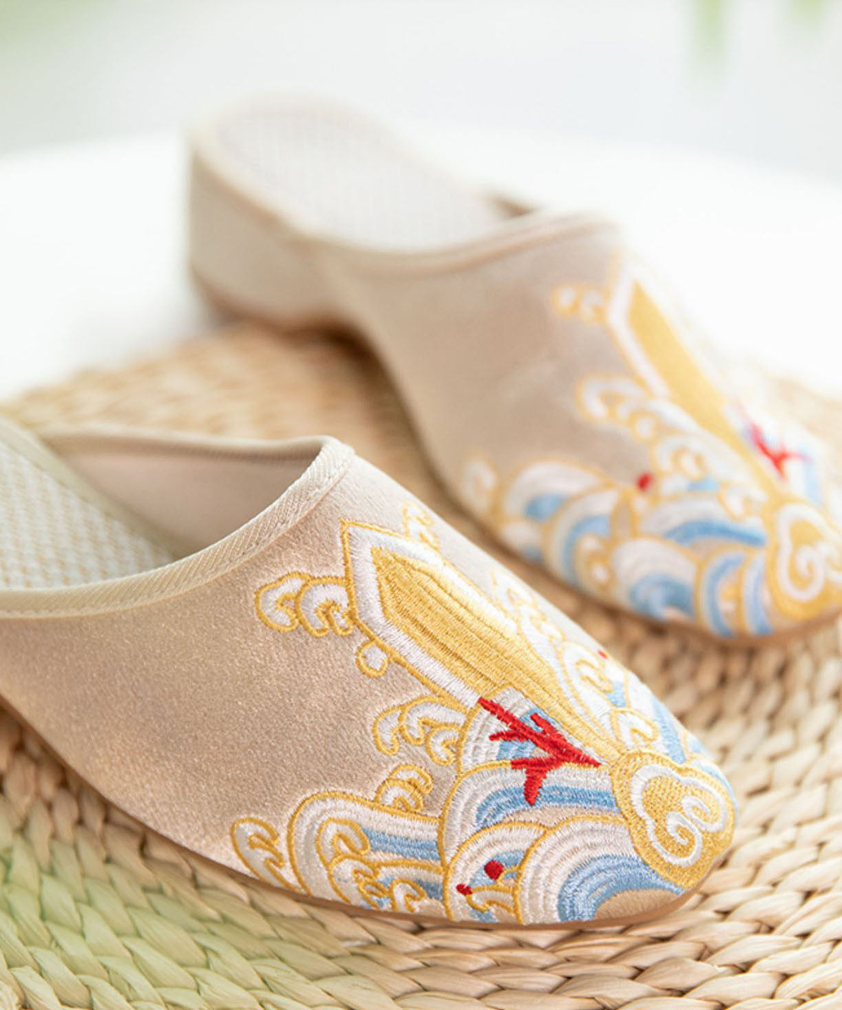 Gold Satin Slide Sandals Splicing Pointed Toe Embroideried