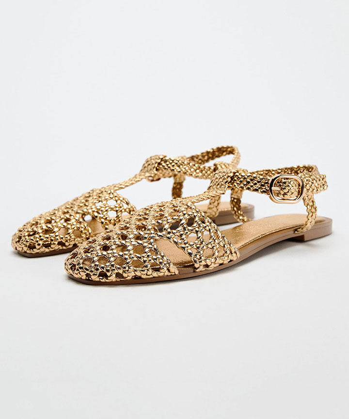 Gold Water Sandals Faux Leather Unique Splicing Hollow Out