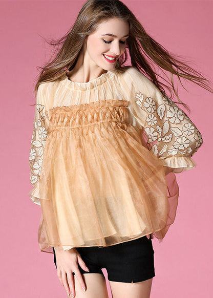Golden Organza a Line Top Embroideried Wrinkled Half Sleeve