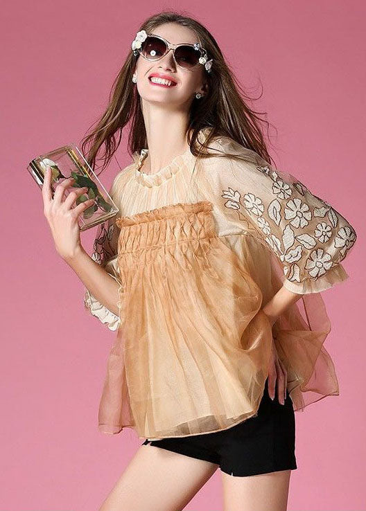 Golden Organza a Line Top Embroideried Wrinkled Half Sleeve