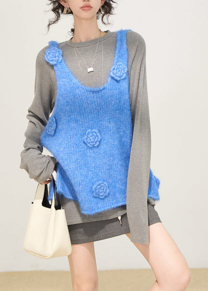 Gradient Blue Knit Vests Oversized Winter