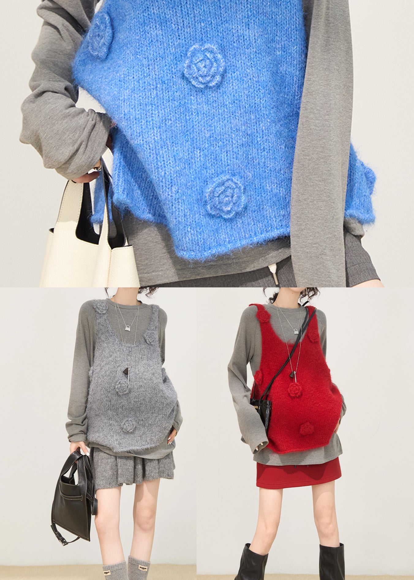 Gradient Blue Knit Vests Oversized Winter